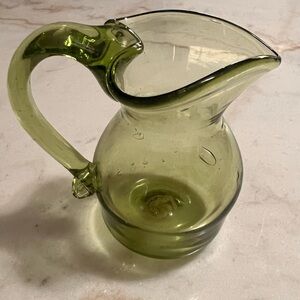 Vintage Green Glass Hand Blown Pitcher Heart Shape Opening Bubble Glass